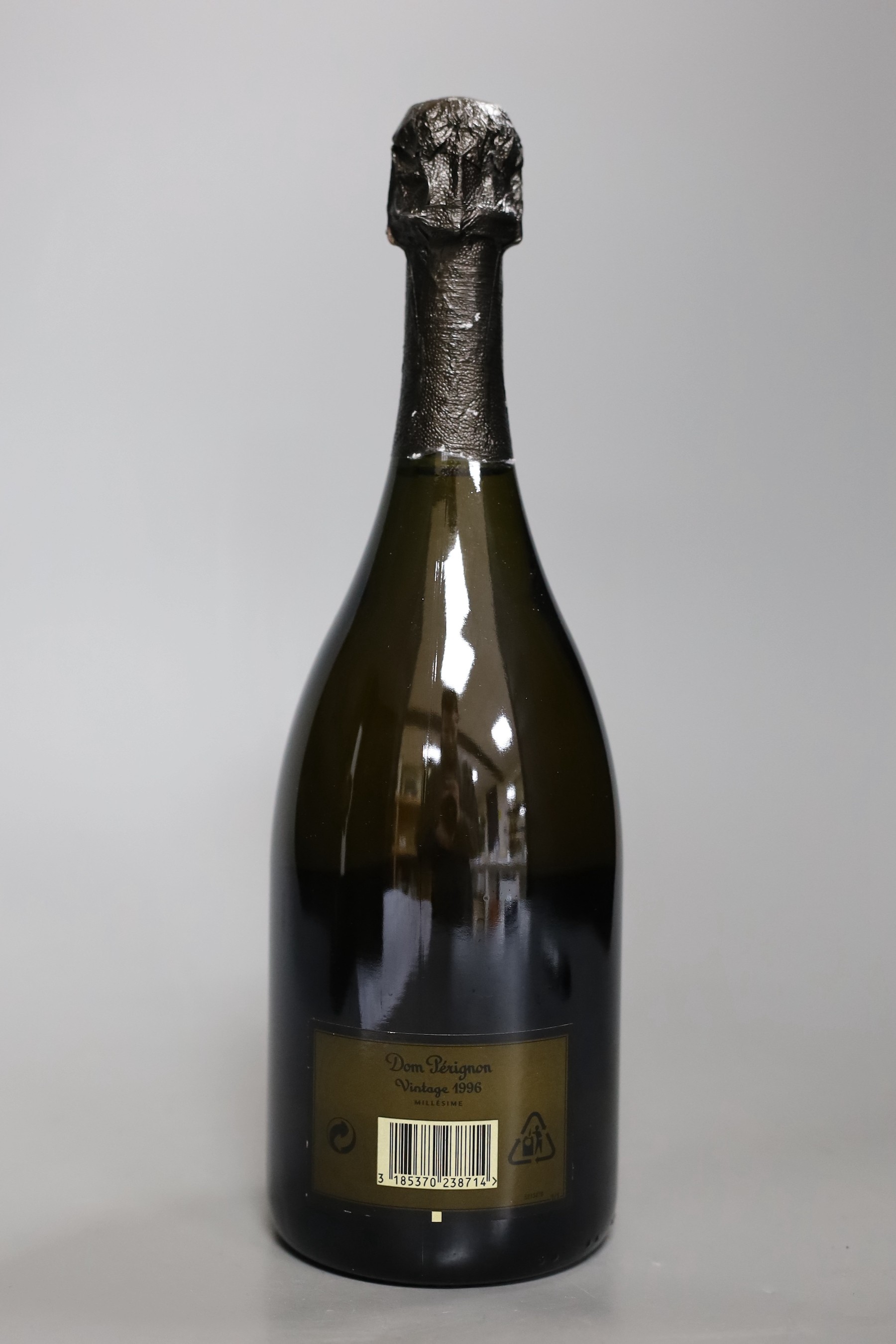 A cased bottle of Dom Perignon 1996 vintage Champagne.